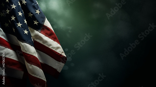 some american flags veterans against a dark green background, blank space. generative ai