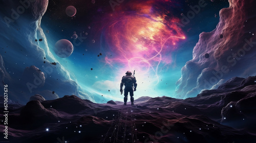 Space background Astronaut standing on reflection surface with colorful fractal nebula generative ai