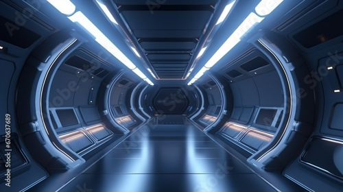 Futuristic tunnel with light  Spaceship corridor. interior view. Future background. generative ai