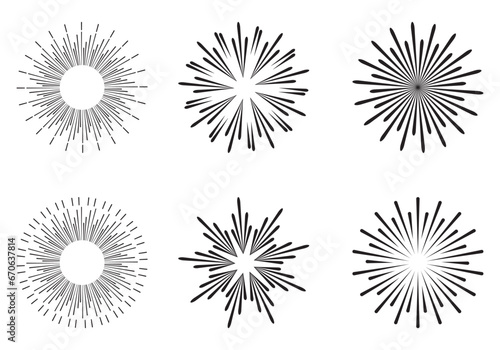 Radial sun burst. Sunburst radial stripes vector icon set. Starburst collection. Sun rise light round decoration elements. Vector illustration. photo