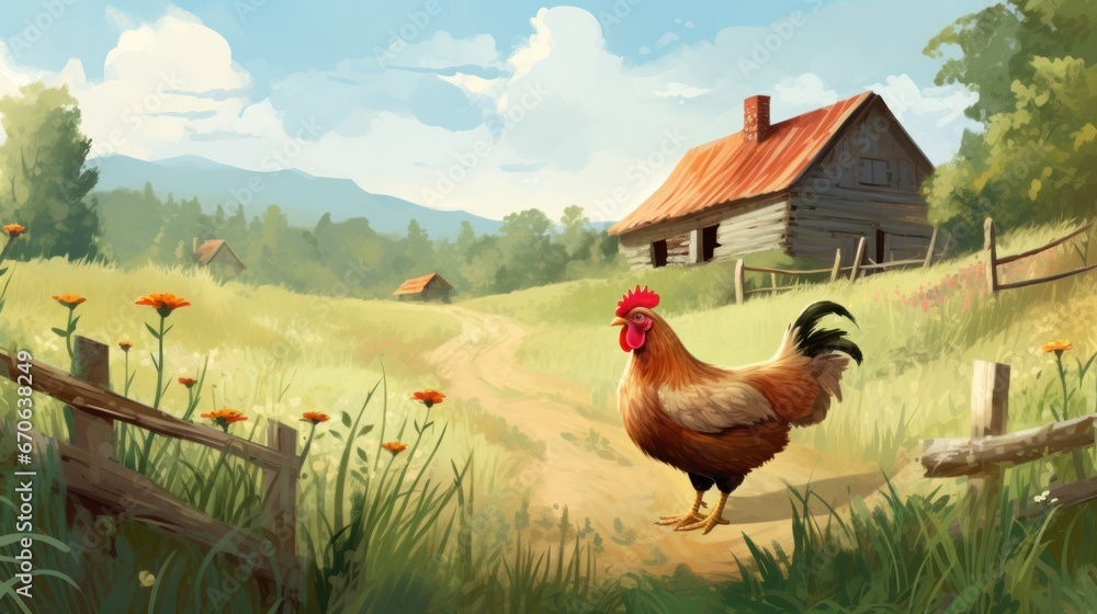 A chicken on a farm. - obrazy, fototapety, plakaty 