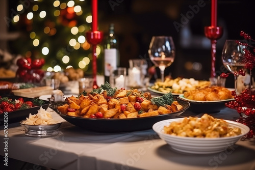 Christmas dinner table full of dishes with food and snacks  New Year s decor with a Christmas tree in the background