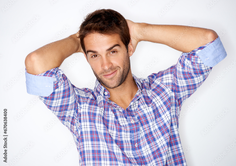 Portrait, confident and smile with a fashion man in studio on a white background for trendy style. Face, clothes and a happy young model in a clothing outfit to relax in casual wear for comfort Portrait, confident and smile with a fashion man in studio on a white background for trendy style. Face, clothes and a happy young model in a clothing outfit to relax in casual wear for comfort
