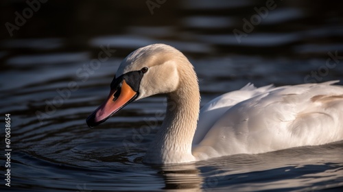 White swan swimming on the lake, close-up view. Wildlife Concept With Copy Space