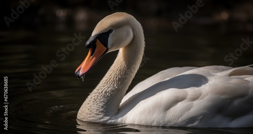 Beautiful white swan swimming on the lake, close-up