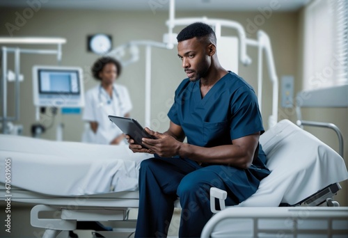 Black male healthcare worker checking digital tablet in hospital setting