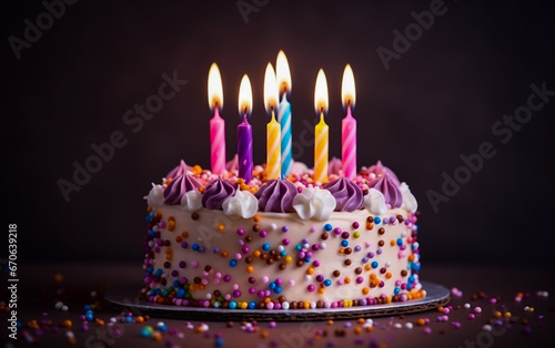 Delicious and colorful happy birthday cake with candles on top