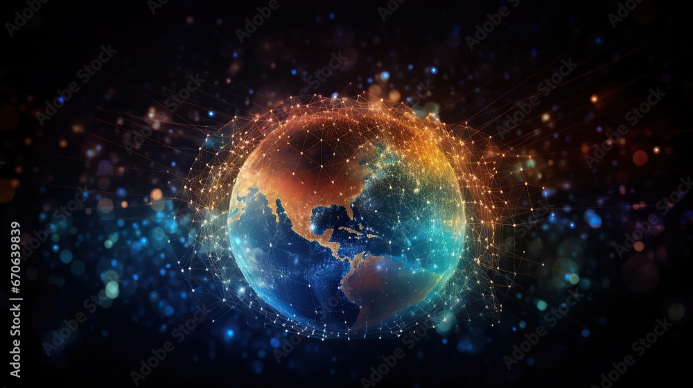 Big data abstract background with planet Earth. Futuristic technology network concept. Global database visualization.