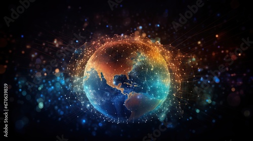 Big data abstract background with planet Earth. Futuristic technology network concept. Global database visualization.