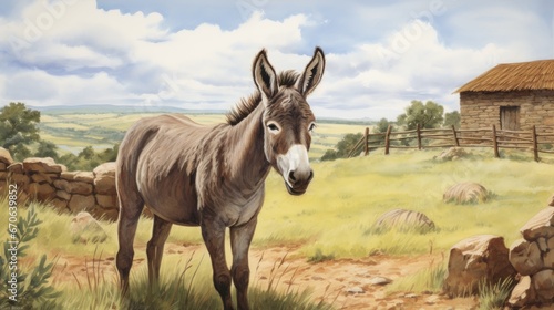 A donkey on a farm. Loving illustration for children