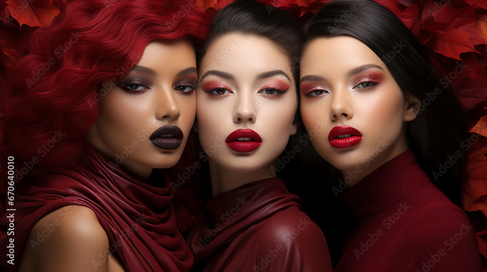 Fototapeta premium Close-up Red Lips: Model with Burgundy Lipstick, Autumnal Look, Cosmetic Detail.