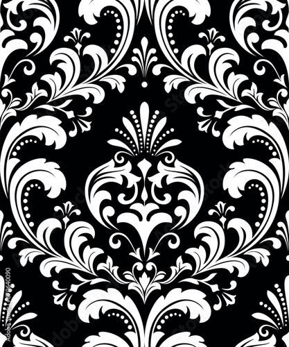 Wallpaper in the style of Baroque. Seamless vector background. White and black floral ornament. Graphic pattern for fabric, wallpaper, packaging. Ornate Damask flower ornament
