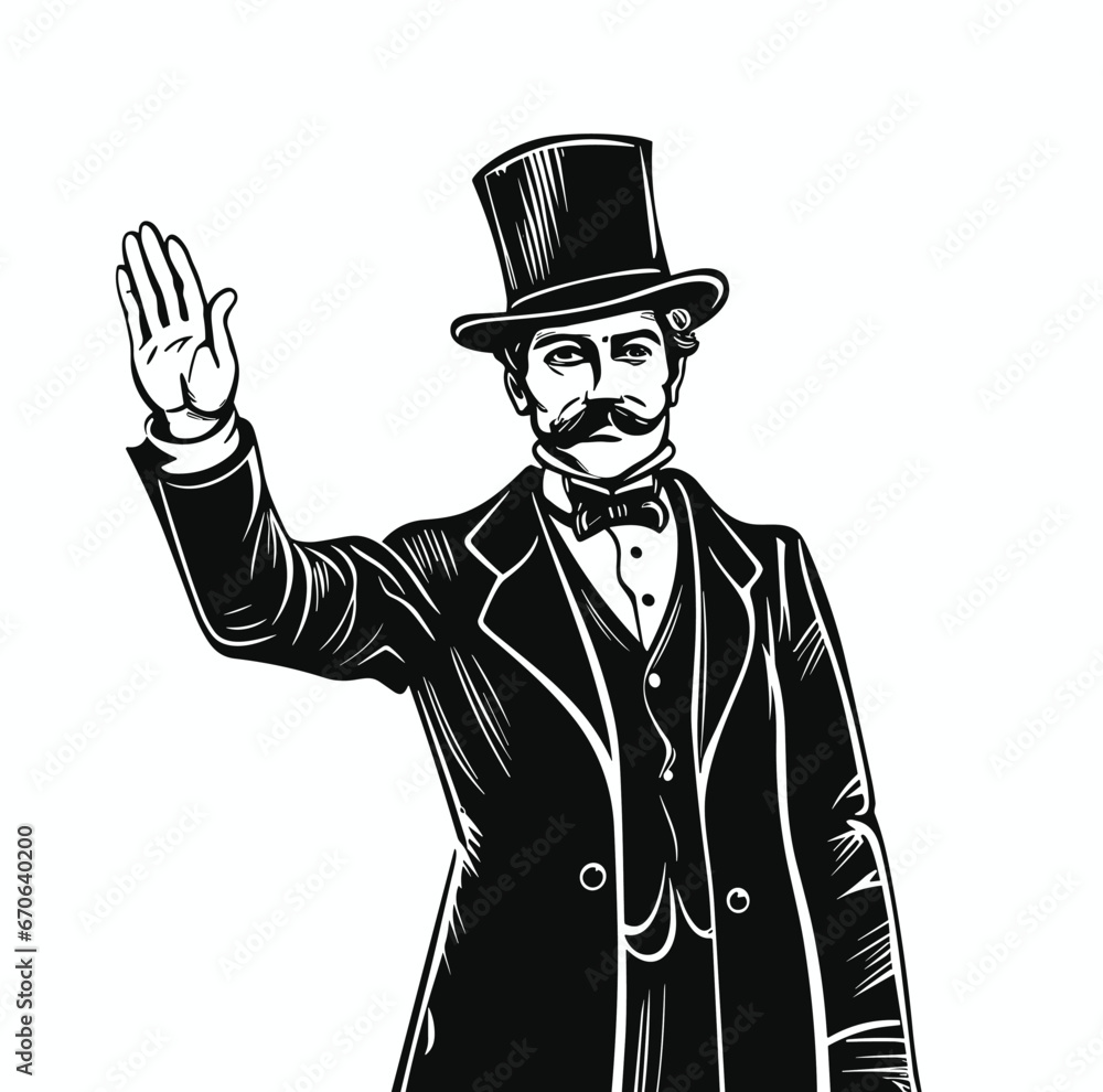 Gentleman in bowler hat and coat raises his right hand in warning. Vintage engraving style. Victorian Era vector