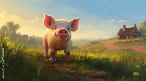 Cute pig on a farm. Loving illustration for children