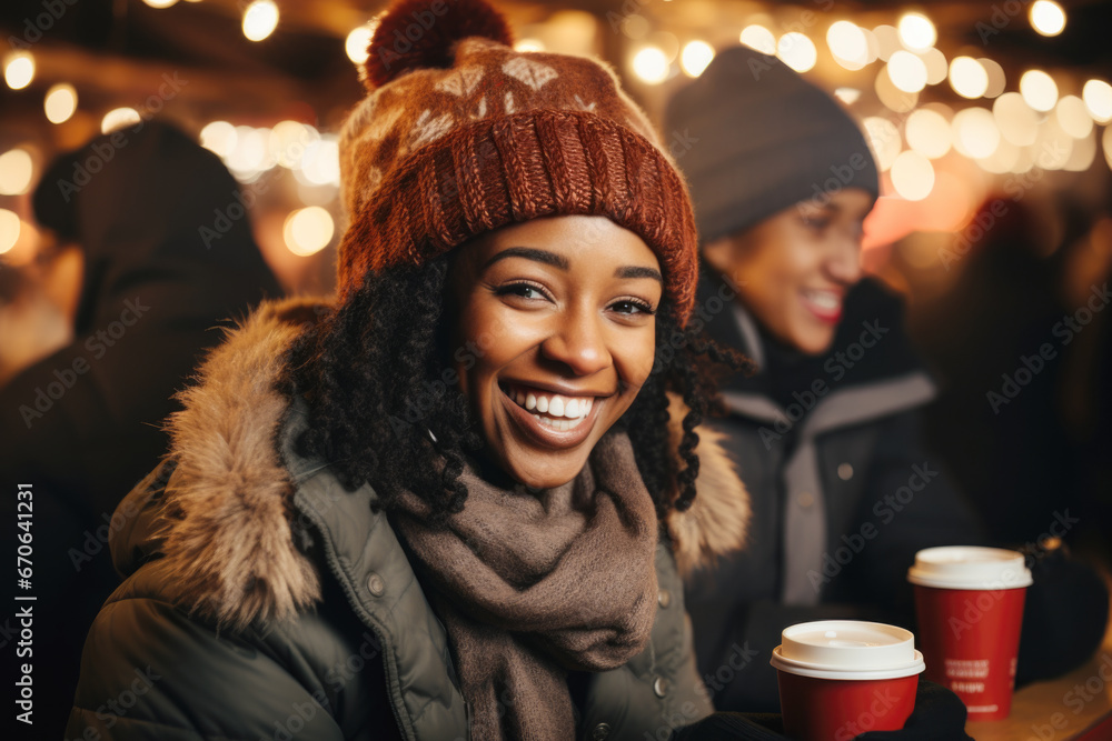 Beautiful black girl having god time on traditional Christmas market with her friends, drinking hot beverages on winter evening
