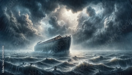 Noah's Ark amidst the pouring rain during the flood. photo