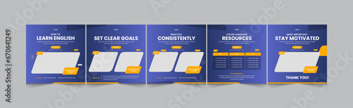 Instagram carousel template for e-learning. Set of editable social media instagram carousel post for education, ielts and academy.
