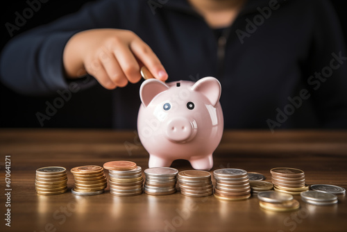 Piggy bank being filled with coins by a child, highlighting the value of saving money and financial education from a young age