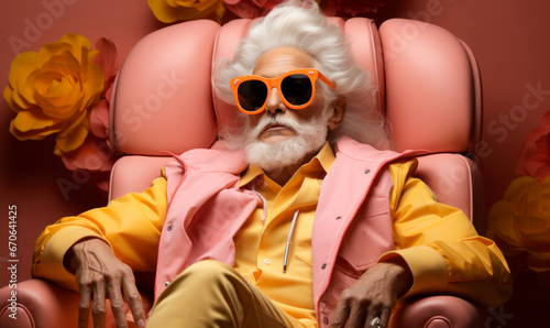 Studio shot of serious senior man with white beard in colorful winter outfit with sunglasses  photo