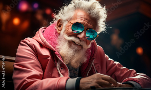 Empowered retired senior man in stylish outfit with white beard and white hair photo