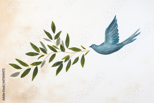 Branch of olive tree with blue dove on grunge paper background
