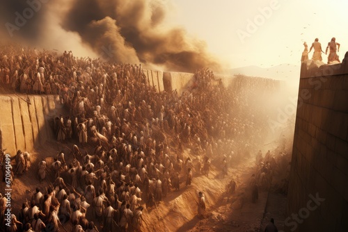 The Battle of Jericho. The walls of Jericho collapsing as the Israelites march around them. photo