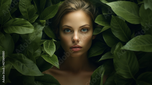 Beautiful fashion model girl enjoying nature. Green leaves background. Harmony concept. Healthy beauty woman outdoor portrait.