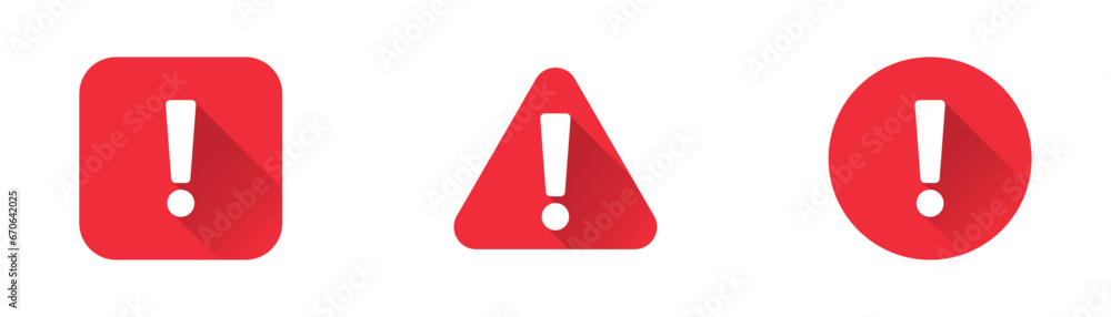 Warning sign icon. Red attention sign line icons set with shadow. Notice icon symbol. Vector stock illustration. Warning sign icon. Red attention sign line icons set with shadow. Notice icon symbol. Vector stock illustration.