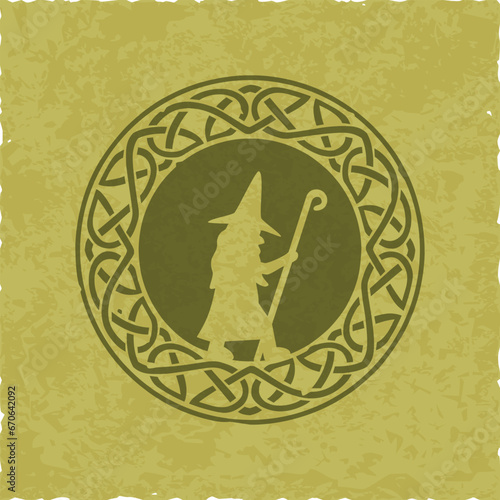 Medieval Fantasy Knot Ring with Magician on Square Green Parchment