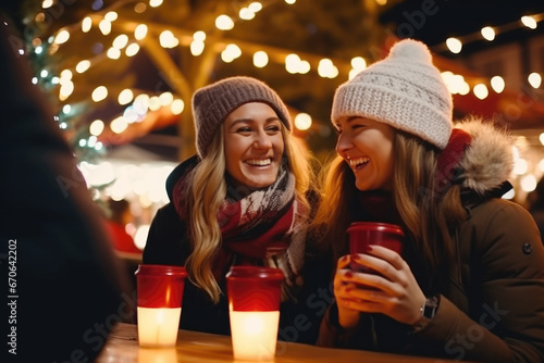 Two beautiful female friends having god time on traditional Christmas market, drinking hot beverages on winter evening