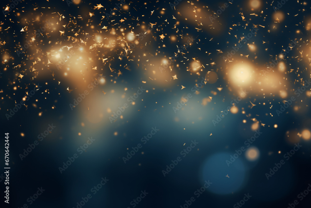Blurred image of gold glitter on a black background. The glitter is densely packed and appears to be sparkling. The black background creates a contrast that makes the gold glitter stand out. - obrazy, fototapety, plakaty 
