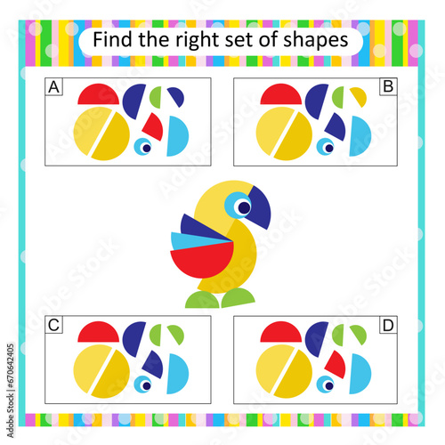 Logic puzzle for kids. Find the correct set of cartoon parrot. Preschool worksheet activity. Vector illustration. Answer is C.