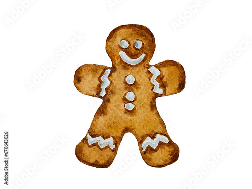single Christmas gingerbread man with white icing traditional ginger fragrant spicy sweet watercolor drawing on white background