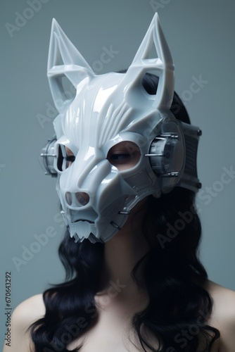 woman wearing a wolf like mask, in the style of high-tech futurism