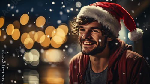 Handsome man wearing a red Santa hat is standing against a bokeh light background. He is smiling and looking at the camera.