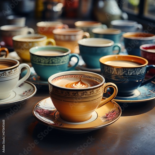 Coffee cups on tables and plain backgrounds with a variety of art shapes and colors, good for use in businesses, shops, places, relaxing, relaxation, promotions, social media, etc. Generative Ai image