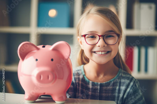 Cute little blonde girl holding a piggy bank at home. Little child saving money. Financial education.