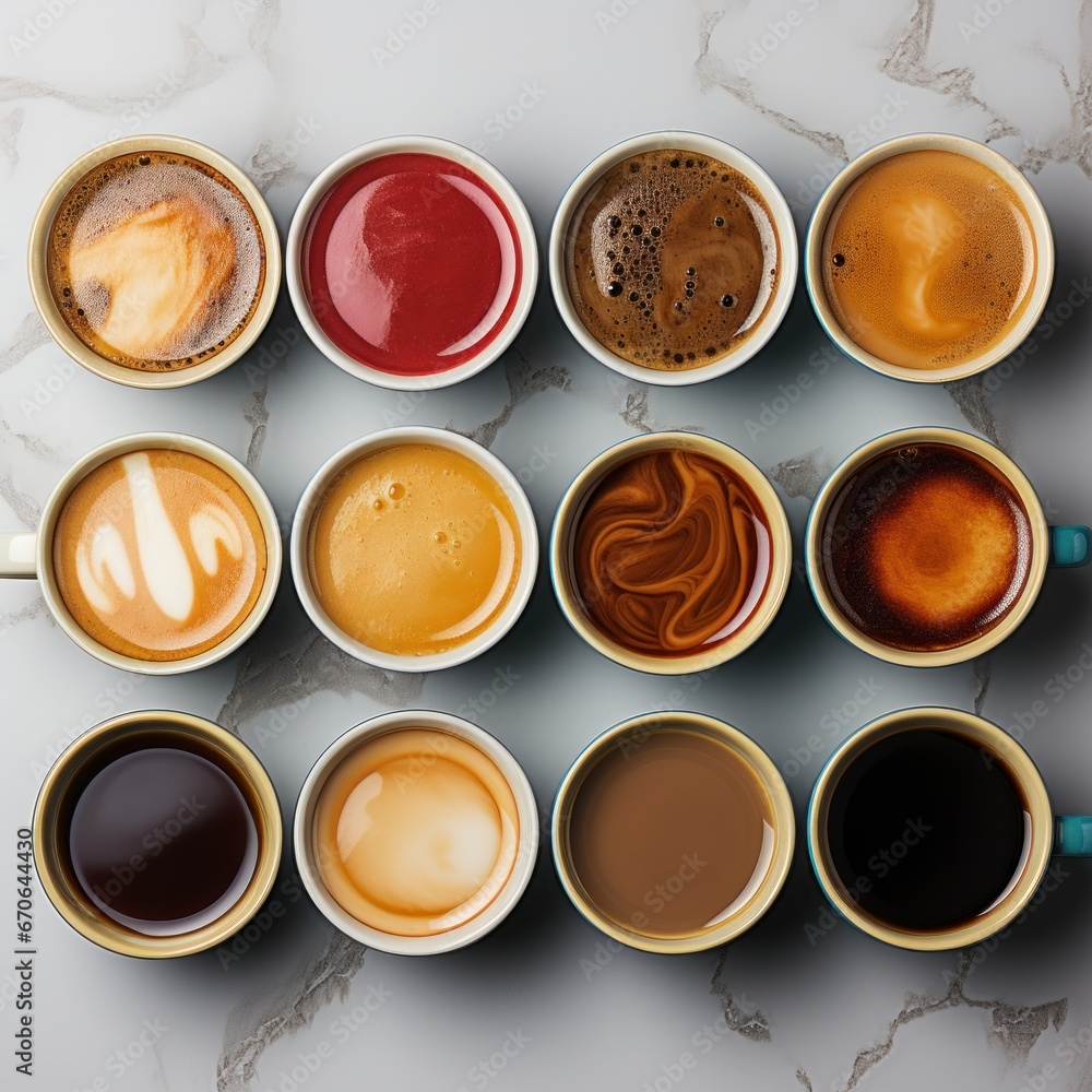Coffee cups on tables and plain backgrounds with a variety of art shapes and colors, good for use in businesses, shops, places, relaxing, relaxation, promotions, social media, etc. Generative Ai image Coffee cups on tables and plain backgrounds with a variety of art shapes and colors, good for use in businesses, shops, places, relaxing, relaxation, promotions, social media, etc. Generative Ai image