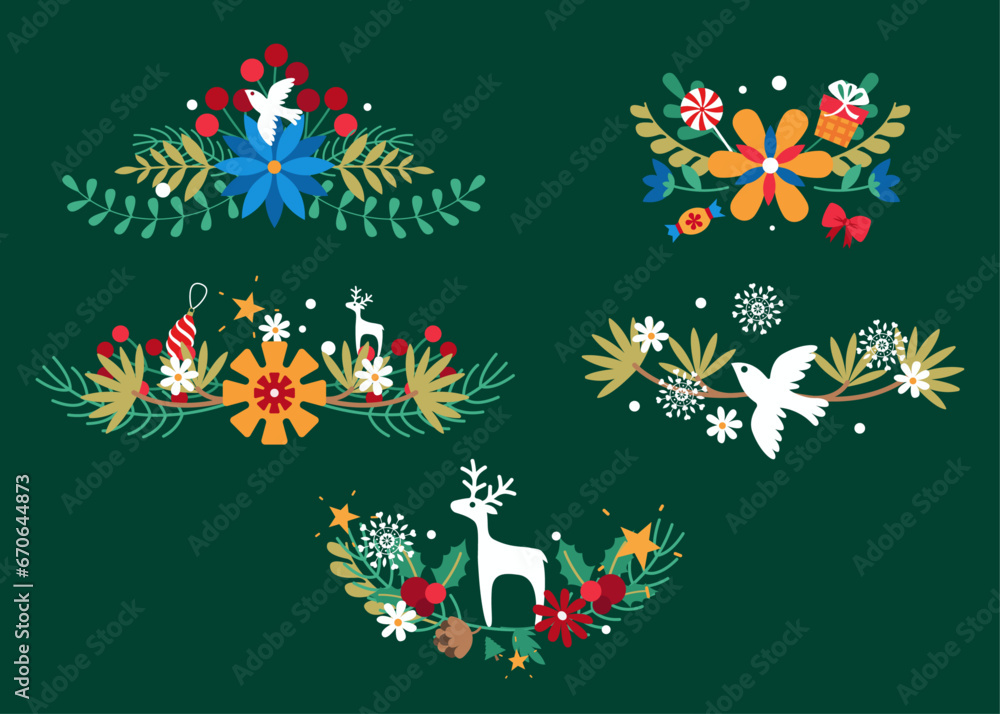 Christmas decor with deer, doves, fir trees, branches, flowers, sweets, Christmas tree decorations, gifts, snowflakes, stars in vector. Flat style. Set of decorative compositions. Christmas decor with deer, doves, fir trees, branches, flowers, sweets, Christmas tree decorations, gifts, snowflakes, stars in vector. Flat style. Set of decorative compositions.