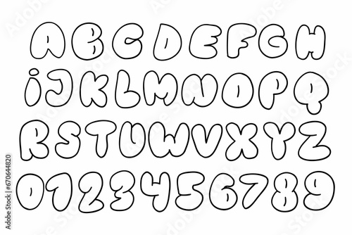 Outline bubble black english A to Z alphabet latin abc font and digits 0 to 9 set. Vector illustration in doodle hand written style isolated on white background. For typography, school, naming, menu.