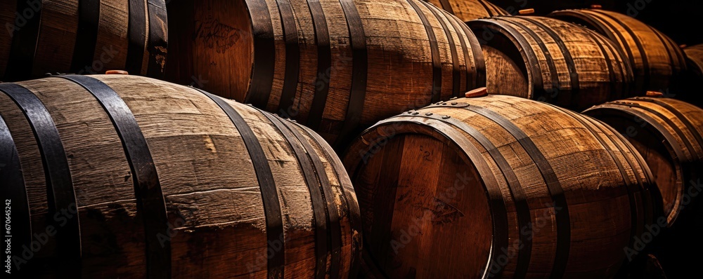 wooden barrels in a wine cellar Generative AI