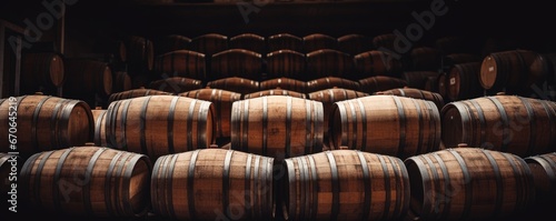wine barrels stacked in a dark room Generative AI