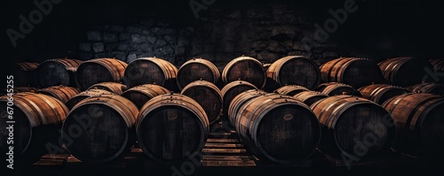 wine barrels stacked in a dark room Generative AI photo