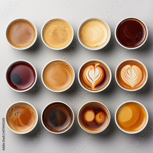 Coffee cups on tables and plain backgrounds with a variety of art shapes and colors, good for use in businesses, shops, places, relaxing, relaxation, promotions, social media, etc. Generative Ai image © callmeers