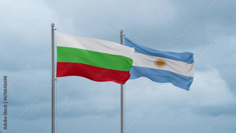 Argentina flag and Bulgaria flag waving together on cloudy sky, endless seamless loop, two country relations concept Argentina flag and Bulgaria flag waving together on cloudy sky, endless seamless loop, two country relations concept