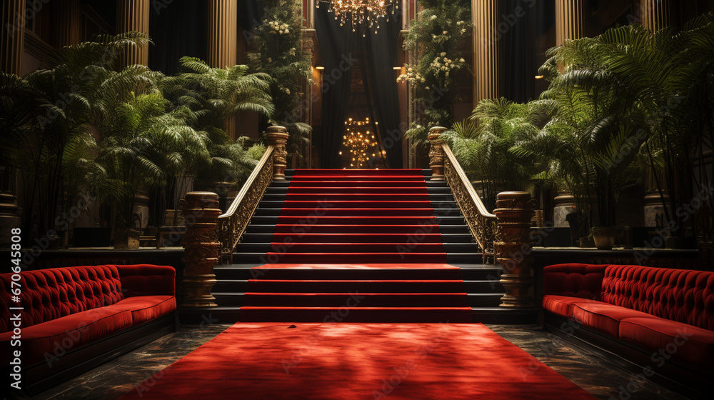 A staircase mockup in a theater with a red carpet - obrazy, fototapety, plakaty 