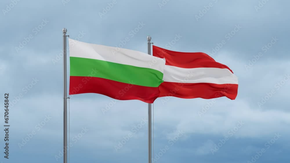 Austria flag and Bulgaria flag waving together on cloudy sky, endless seamless loop, two country relations concept Austria flag and Bulgaria flag waving together on cloudy sky, endless seamless loop, two country relations concept
