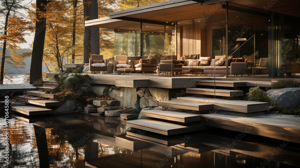 A floating wooden staircase mockup in a lakeside retreat A floating wooden staircase mockup in a lakeside retreat