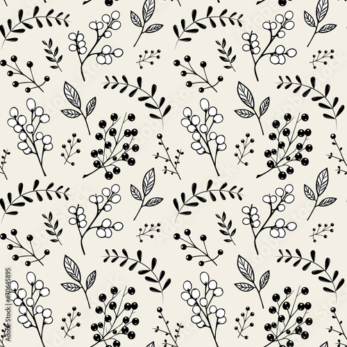 Herbarium monochrome floral pattern. Seamless background with leaves and branches. Hand drawn botanical wallpaper