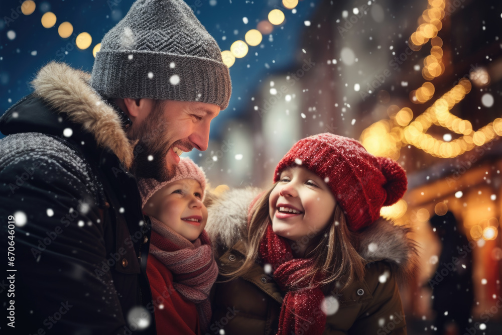 Father and children having god time on traditional Christmas market on winter evening in town decorated with lights Father and children having god time on traditional Christmas market on winter evening in town decorated with lights
